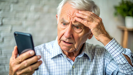 elderly man, nervous, scared and stressed holding a smartphone. scams and difficulties against elderly people, online payments, transactions, AI generated