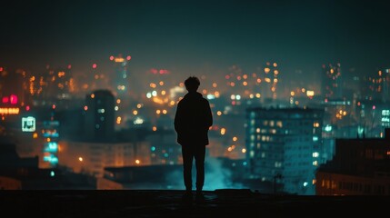 Silhouette of a person standing on a rooftop, overlooking a cityscape illuminated by vibrant night lights, creating a sense of solitude and contemplation.