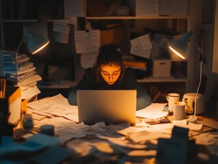 Young woman working late at night on a laptop in a disorganized office, surrounded by paperwork and illuminated by desk lamps, focused and determined.