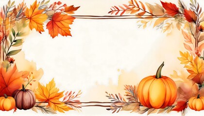 Fototapeta premium Autumn-themed rectangular border watercolor painting with a white background, an autumn color palette