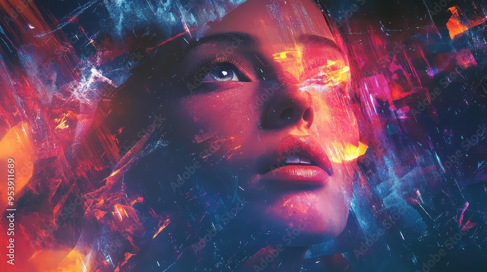 Poster a digital artist showcasing a blockchain-powered platform for verifying the authenticity of digital 