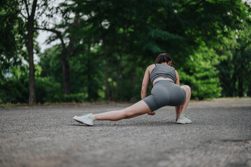A woman performs a stretching exercise in a tranquil park, highlighting fitness and wellness...