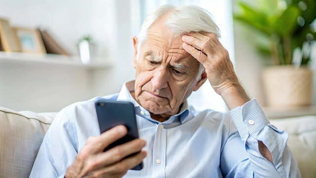 elderly man, nervous, scared and stressed holding a smartphone. scams and difficulties against elderly people, online payments, transactions, AI generated