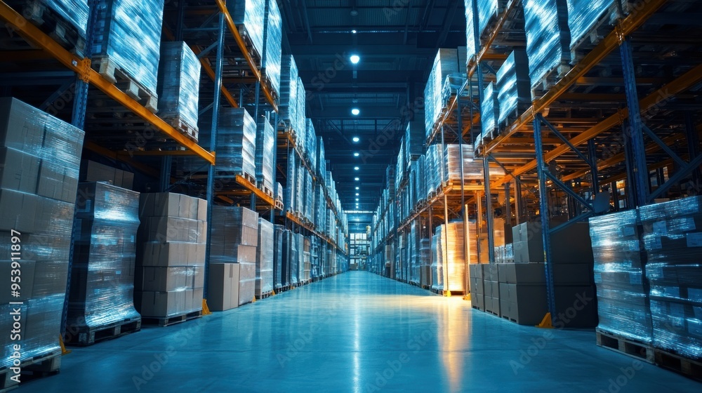 Poster rows of palletized boxes in a warehouse