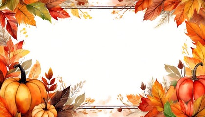 Autumn-themed rectangular border watercolor painting with a white background, an autumn color palette