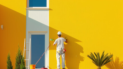 a worker applying fresh paint to the exterior walls of a house
