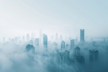 Obraz premium A serene skyline view shrouded in mist, showcasing towering skyscrapers amidst a soft, ethereal ambience.