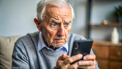 elderly man, nervous, scared and stressed holding a smartphone. scams and difficulties against elderly people, online payments, transactions
