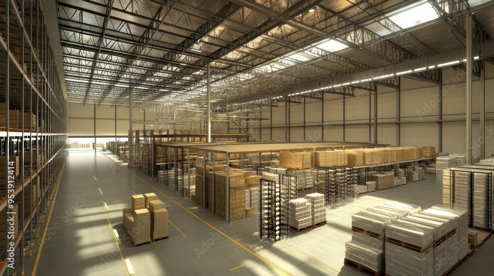 Poster a view of a large warehouse filled with cardboard boxes and pallets
