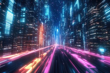Neon-Lit Cityscape with a Glowing Road