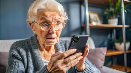 Obraz premium nervous, scared and stressed elderly lady holding a smartphone. scams and difficulties against elderly people, online payments, transactions, AI generated