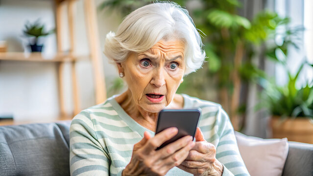 nervous, scared and stressed elderly lady holding a smartphone. scams and difficulties against elderly people, online payments, transactions, AI generated