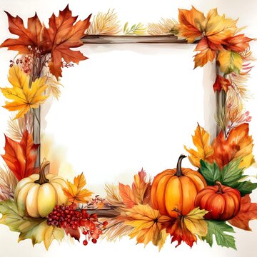 Autumn-themed square border watercolor painting with a white background, an autumn color palette
