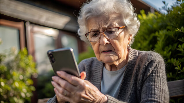 nervous, scared and stressed elderly lady holding a smartphone. scams and difficulties against elderly people, online payments, transactions, AI generated