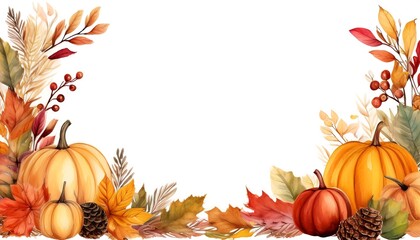 Fototapeta premium Autumn-themed rectangular border watercolor painting with a white background, an autumn color palette