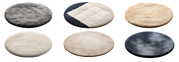 A set of round soft carpets in gray and beige colors. Isolated on a transparent background.