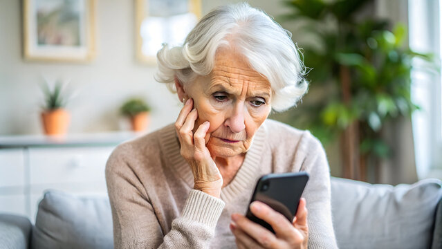 nervous, scared and stressed elderly lady holding a smartphone. scams and difficulties against elderly people, online payments, transactions, AI generated