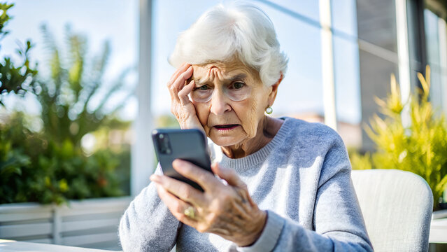 nervous, scared and stressed elderly lady holding a smartphone. scams and difficulties against elderly people, online payments, transactions, AI generated