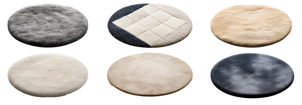 A set of round soft carpets in gray and beige colors. Isolated on a transparent background.