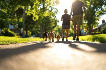 A vibrant scene of a couple walking their dogs on a sunny day, surrounded by lush greenery and a serene outdoor atmosphere.