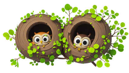 Set Of Little owls peeking out of a hole in tree nest isolated on transparent background......