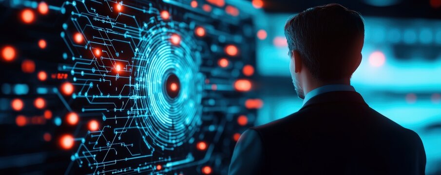 A professional observing a digital interface full of data and connections, representing technology and innovation in business.