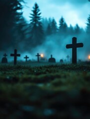 Eerie graveyard scene at dusk with fog, silhouetted crosses, and atmospheric lighting, ideal for Halloween or spooky themes.