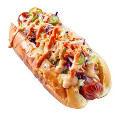 Chicago Hot Dog with Grilled Sausage and Mustard on Transparent Background