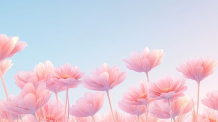 A field of pink flowers with a blue sky in the background