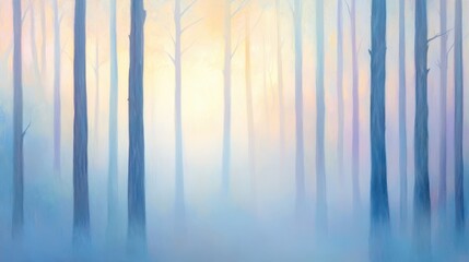 A painting of a forest with trees and a foggy sky