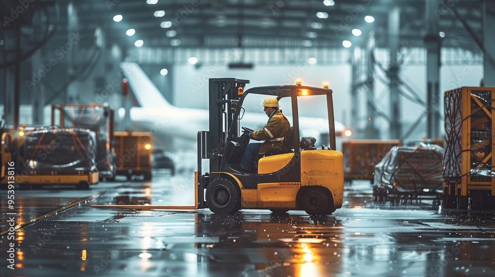 Poster a forklift operator working in an airport hangar, handling luggage and cargo with airplanes in the b