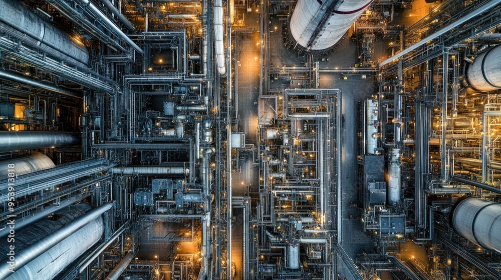 Poster aerial view of industrial complex with complex pipe network and structures