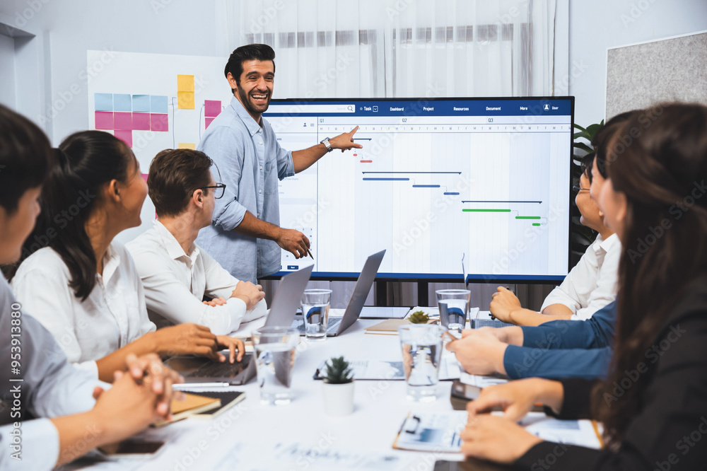 Poster project manager communicate and collaborate with team using project management software display on m
