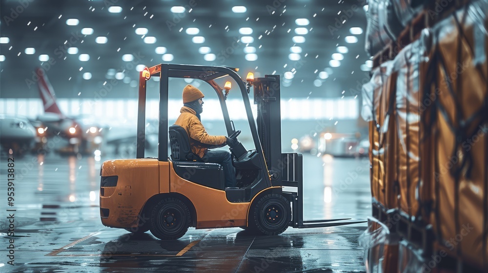 Poster a forklift operator working in an airport hangar, handling luggage and cargo with airplanes in the b