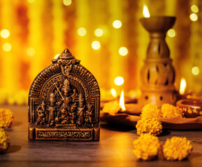 Stunning Goddess Durga idol with illuminated background, ideal for Durga Puja, Navratri, Indian festivals, spirituality, Hindu mythology, cultural celebrations, divine mother, and religious events.