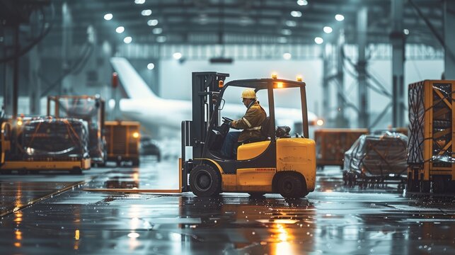 A forklift operator working in an airport hangar, handling luggage and cargo with airplanes in the background. Generative AI. - Powered by Adobe