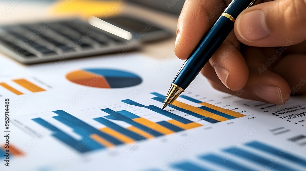Poster hand holding pen pointing at bar graph and pie chart