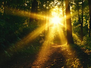 Obraz premium A serene forest path illuminated by golden sunlight, creating a tranquil and peaceful atmosphere for nature lovers.