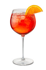 Alcoholic Aperol spritz cocktail in goblet glass with orange slice Isolated
