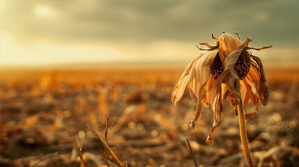 A wilted flower stands alone in a barren field, symbolizing resilience amidst hardship and the beauty of nature's cycles.