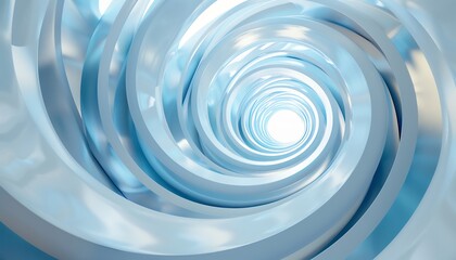 Abstract white spiral tunnel, blue accents, futuristic and geometric, front view, dramatic lighting 3d render illustration