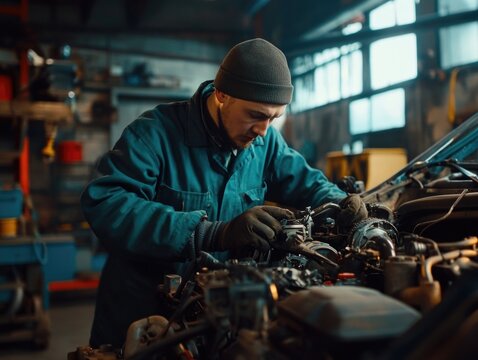 Man repairing car engine