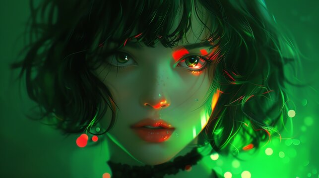 Anime girl with short hair, devilish grin, neon lights, simple green background, playful