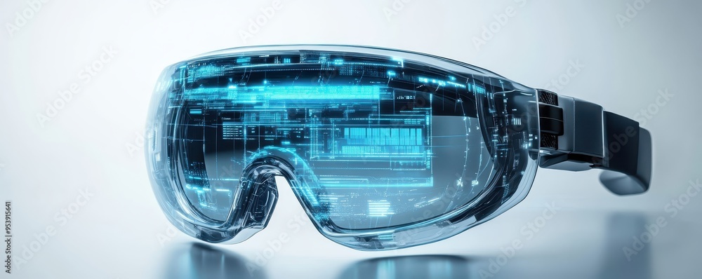 Poster futuristic augmented reality glasses with digital interface showcasing advanced technology for immer