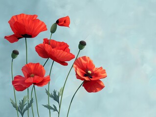 Obraz premium Bright red poppies, simple background, flat design, vibrant and bold, side view, light blue backdrop