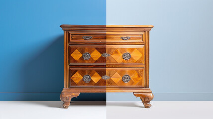 before and after image of a restored antique wooden furniture piece