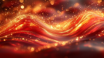 Obraz premium Vibrant red and gold liquid, glassy texture, swirls, flowing waves of light.