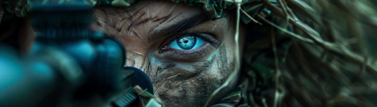 Female sniper with blue eyes, intricate camouflage, intense gaze, closeup, dramatic lighting