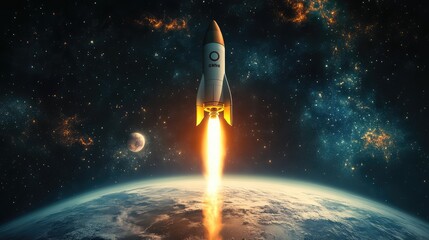 A space rocket launching from Earth with a destination marker for Mars or another planet, symbolizing the journey ahead