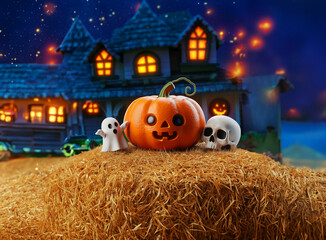 A cheerful pumpkin with a friendly ghost and skull sits on a haystack, set against a spooky, glowing haunted house under a starry Halloween night. The scene is festive, warm, and full of Halloween spi